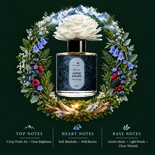 Alpine Escape Flower Diffuser scent-note image in the established wreath format