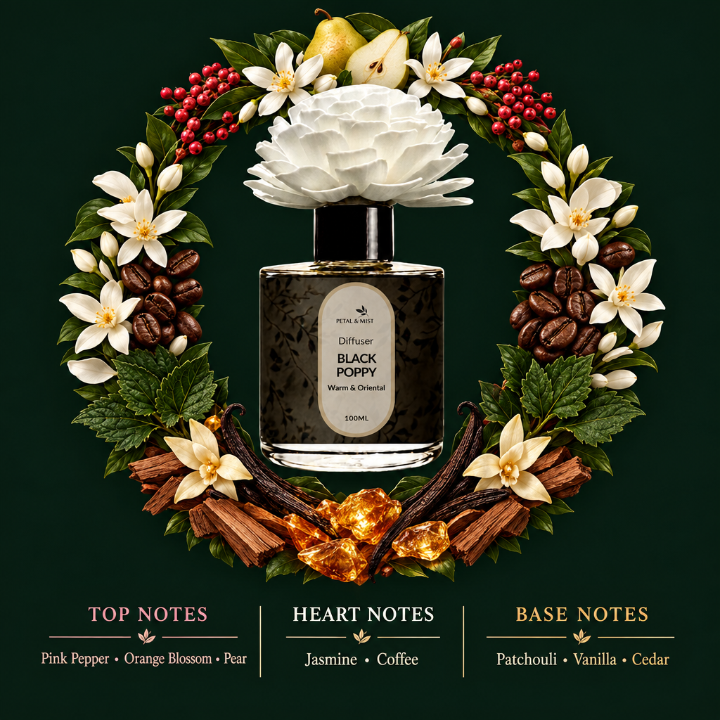 Black Poppy Flower Diffuser scent-note image in the established wreath format