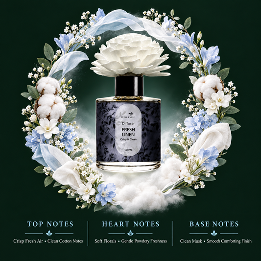 Fresh Linen Flower Diffuser scent-note image in the established wreath format