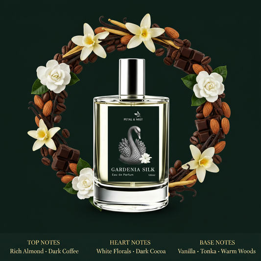 Gardenia Silk Scent Notes - Wreath Behind Bottle