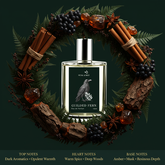 Guilded Fern Scent Notes - Wreath Behind Bottle
