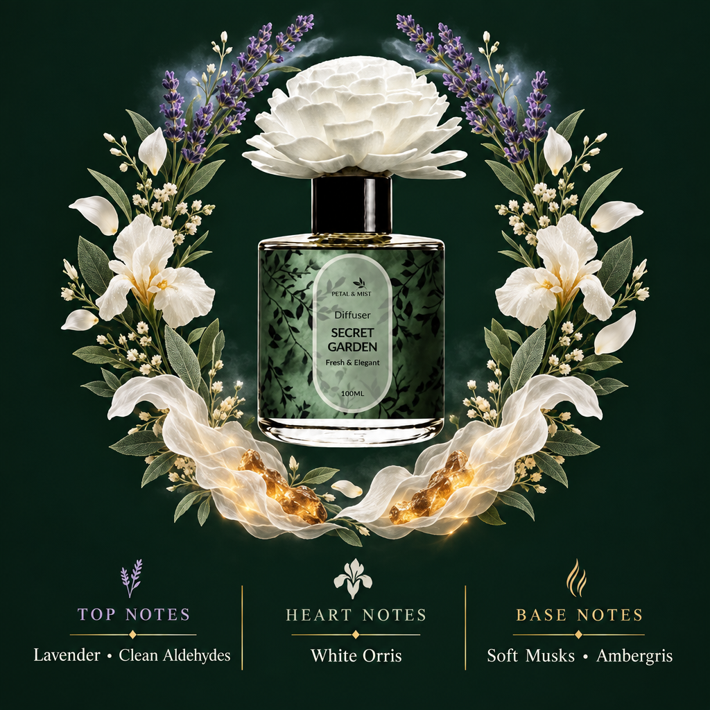 Secret Garden Flower Diffuser scent-note image in the established wreath format