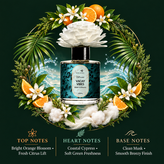 Vacay Vibes Flower Diffuser scent-note image in the established wreath format