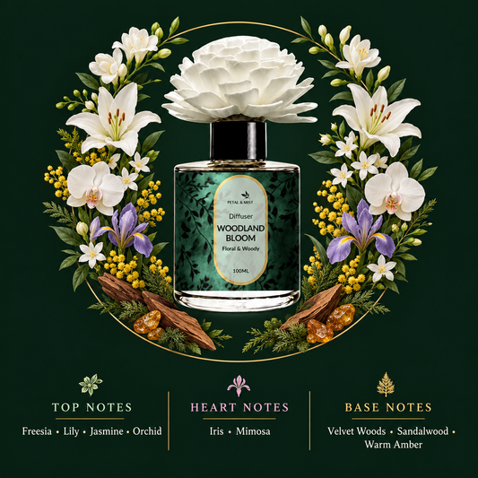 Woodland Bloom Flower Diffuser scent-note image in the established wreath format