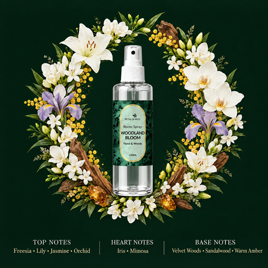 Woodland Bloom scent-note image with the supplied bottle