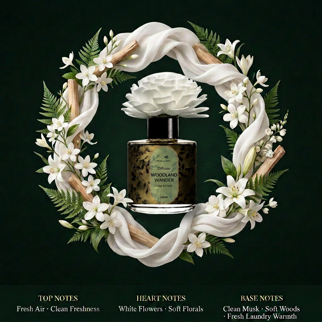 Woodland Wander scent-notes picture with the attached diffuser bottle